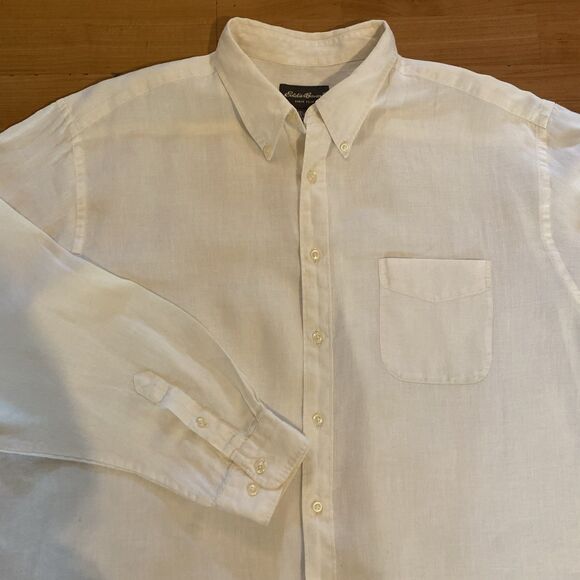 Eddie Bauer 100% Linen Men's XXL‎ /2XL Button Down Long Sleeve Shirt Ivory Beige - Picture 2 of 9